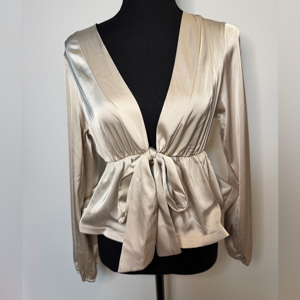 Satin Tie-Front Long Sleeve Top - Cream